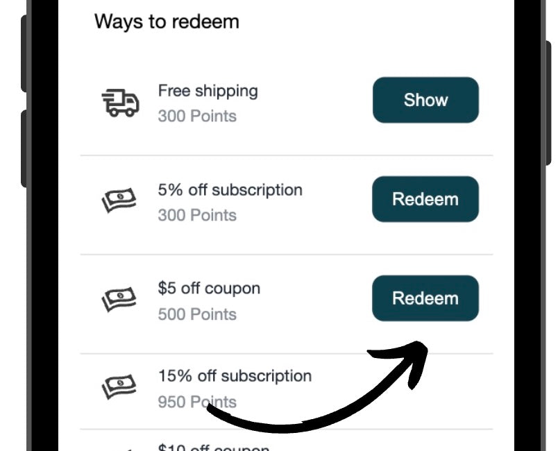 Screenshot of rewards redemption page showing list of available reward options. Users can select the reward they want based on eligibility, then click the Redeem button to redeem their points.