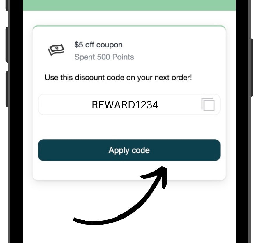 Screenshot of reward redemption modal showing Apply Code button to add reward discount to cart immediately or close modal to use later. Apply Code button highlighted in middle of modal window.