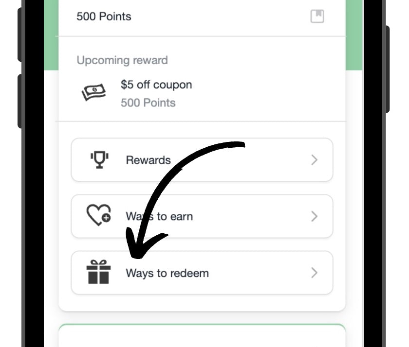 Screenshot of the rewards modal in the mobile app opened by clicking the present icon. The Ways to Redeem button is highlighted, which allows users to see available rewards to redeem earned points.